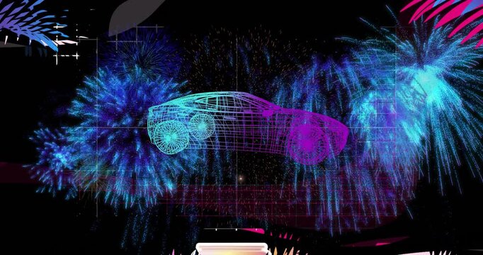 Pulsing cube activating bursts while neon wireframe car forming and trails cascading, framing stage