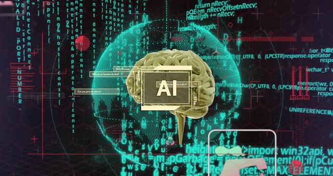 Vertical video: Receiving queries, gold brain pulsing, parsing data in HUD with AI label and globe