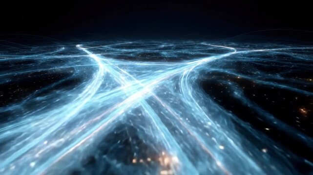 Abstract Light Trails: A mesmerizing digital artwork features radiant light trails, forming intricate pathways across a darkened expanse, illustrating the complex flow of data and technology.