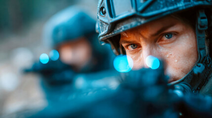 Obraz premium Close-up of special forces operator aiming rifle in tactical gear, intense focus and high-risk mission readiness