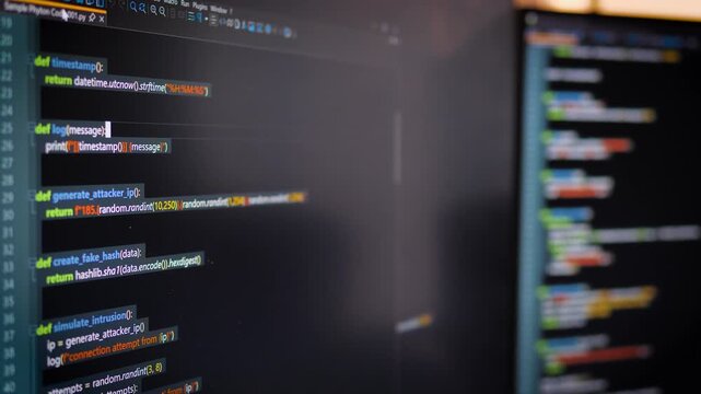Close up computer monitors displaying fictional programming code and software development interface, technology workspace concept