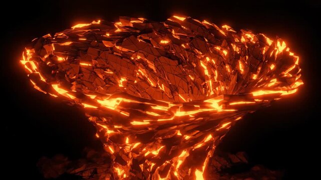 Fiery abstract lava vortex illustration on black background, orange magma flow.