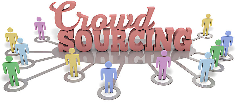 Crowdsourcing concept with colorful 3D figures connecting globally for business collaboration