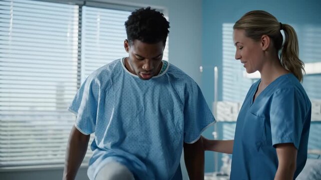 African American man in hospital gown sitting up in bed, recovering, patient, healthcare.