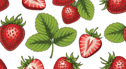 Hand drawn strawberry seamless pattern with fresh berries slices and leaves vintage botanical fruit vector illustration © MdAbuSayed