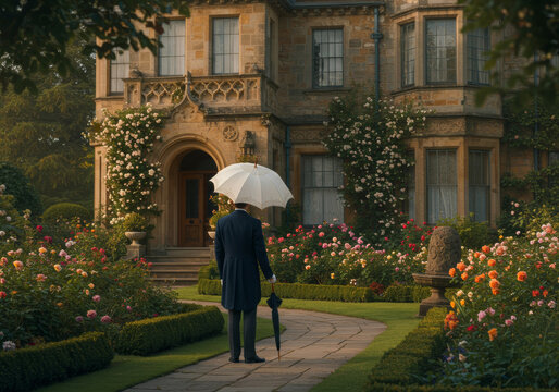 Elegant man in formal coat holding white lace umbrella, walking stone path toward stone mansion, surrounded by vibrant rose blooms and manicured hedges, hour lighting.