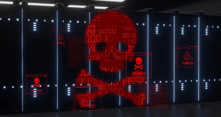 Projecting red skull graphic glowing over central server racks in data center, with MALWARE alerts