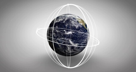 Fototapeta premium Floating 3D-rendered Earth globe above gray backdrop, showing orbital rings and grid lines