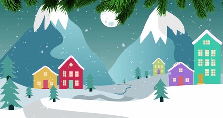 Fototapeta premium Glowing colorful houses sitting on snowy hillside in mountain village at night, moonlit mountains