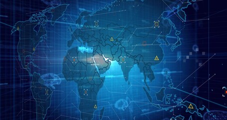 Displaying translucent world map highlighting Africa Europe Asia on virtual dashboard, with alerts © vectorfusionart