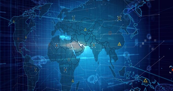 Displaying translucent world map highlighting Africa Europe Asia on virtual dashboard, with alerts