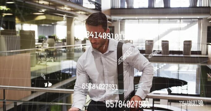 Businessman checking phone on mezzanine, initiating AR overlay, bringing phone to ear for work call