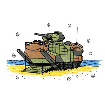 Amphibious Assault Vehicle on Beach with Ocean Background.