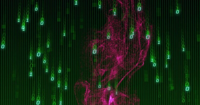 Glowing magenta plume drifting center-right of frame, overlapping neon green binary digits