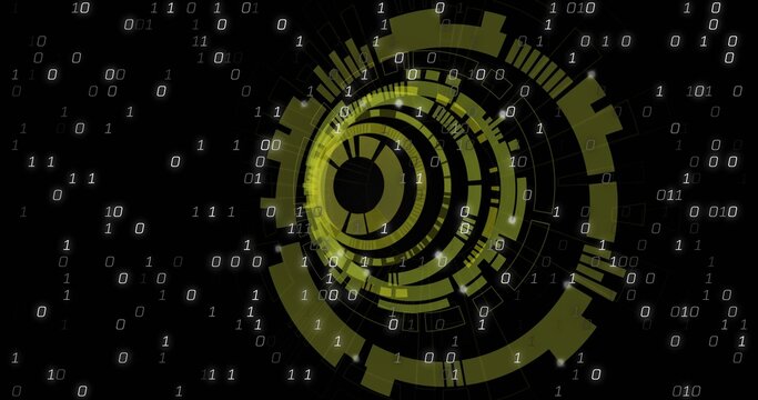 Displaying central circular HUD glowing neon olive on digital plane with gridlines, showing binary