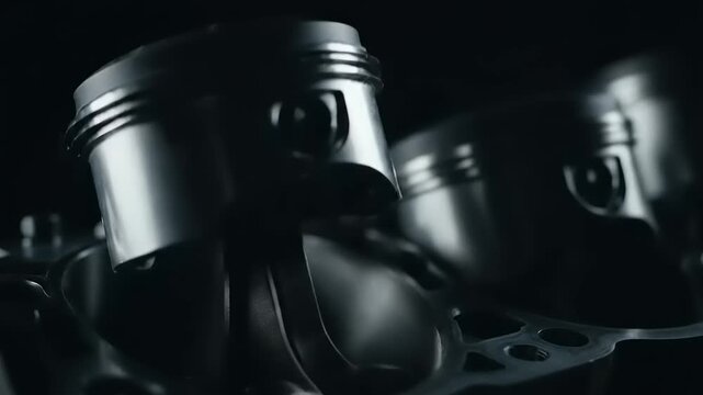 Close-up of shiny engine pistons in a dark industrial setting with metallic components
