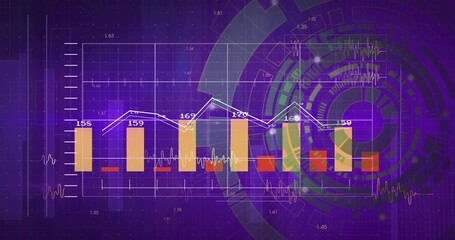 Naklejka premium Displaying bar chart with white line on purple display, orange bars, labels, ECG, red markers, HUD