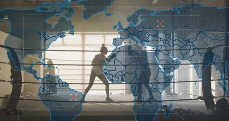 Diverse training partners sparring in boxing ring with ropes at gym with gloves and map overlay