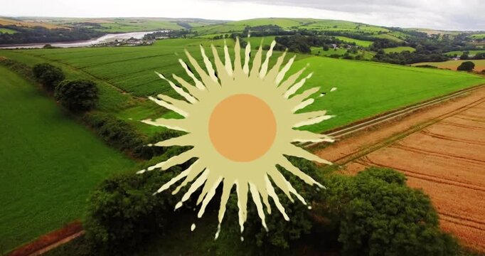 Drone panning over meadow, fields, hedge, river, stylized sun staying centered for agriculture