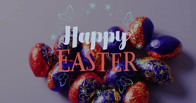 Vertical video: Forming cyan wreath swirling around foil eggs on mauve surface showing Happy EASTER