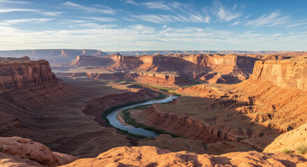 Serpentine river carving through layered sandstone cliffs, desert canyon landscape, natural wonder, Arizona wilderness, sunlit vista.