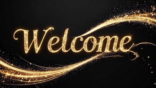 Elegant Welcome Text with Golden Sparkles on Black Background.