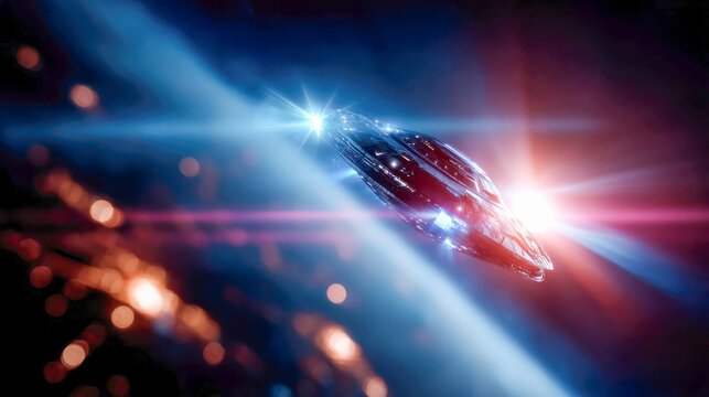 Futuristic UFO flying saucer in deep space with glowing lights and cinematic beams against a bokeh galaxy background
