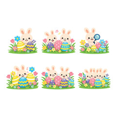 Obraz premium Easter Bunny with Eggs flat color Illustration Cute Easter Bunny with Eggs 