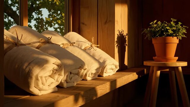 Rolled white towels tied with jute string on wooden shelf illuminated by sunlight. Spa, lifestyle, hygiene, bathroom concept.