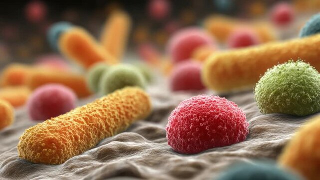 Microbial World: A microscopic realm of colorful bacteria, showcasing diverse shapes and textures, reveals the intricate beauty of the unseen world.
