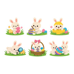 Easter Bunny with Eggs flat color Illustration Cute Easter Bunny with Eggs 