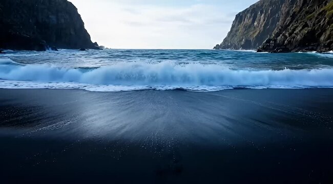 Dramatic ocean wave breaking on dark volcanic sand beach between two cliffs 4k
