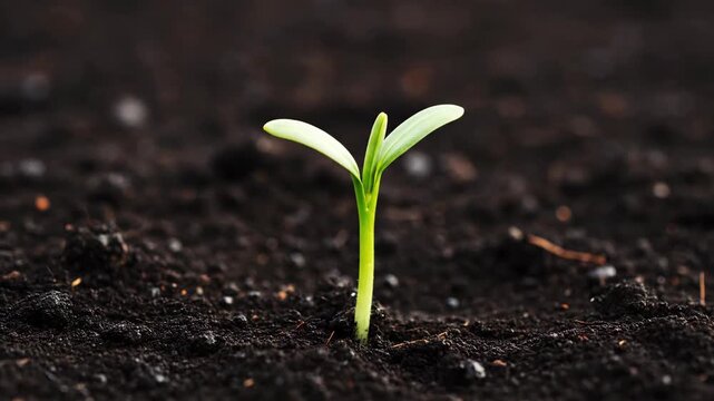 Close-up of a vibrant green seedling sprouting from rich, dark soil, a symbol of growth and new life, showcasing nature and agriculture.