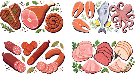 Meat and seafood food collection illustration, steak salmon sausage ham and octopus ingredients set, gourmet cuisine vector design © E-Designs