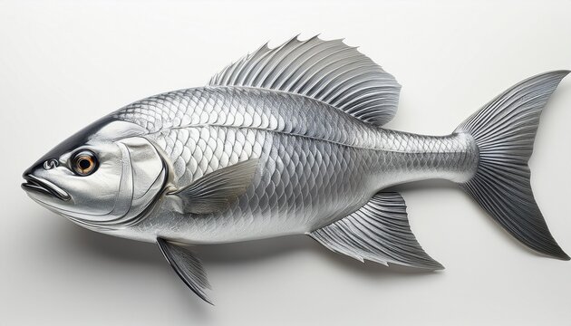silver fish with detailed scales and fins isolated on white background showing natural texture and shiny body in simple composition