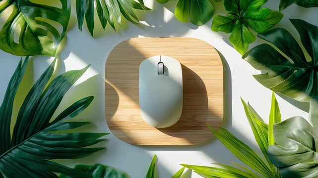 Minimalist wireless mouse on a wooden mouse pad surrounded by lush tropical monstera leaves, eco-friendly workspace concept