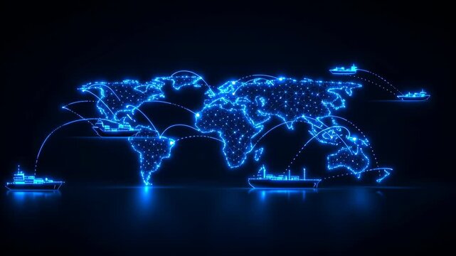 Global delivery network concept with glowing world map, cargo ship, shipping route, and logistics, illustrating international delivery, maritime transport, and worldwide cargo connections futuristic