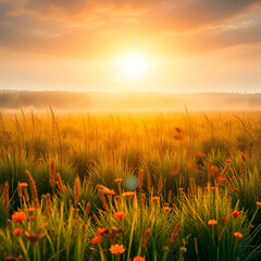 Fototapeta premium Morning elegance: the majestic glow of an autumn meadow. Fiber optics. Enchanting autumn scene: vivid colors and gentle mist in the meadow. Internet networks. Digital communication.