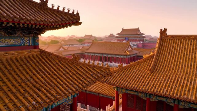Sunrise over the Forbidden City with traditional Chinese architecture and orange tiled roofs in Beijing, China.