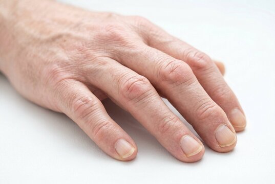 Ultra-detailed macro close-up of an elderly hand showing osteoarthritis symptoms including swollen knuckles, ulnar deviation, dry skin, and redness on a bright white seamless background with clinical