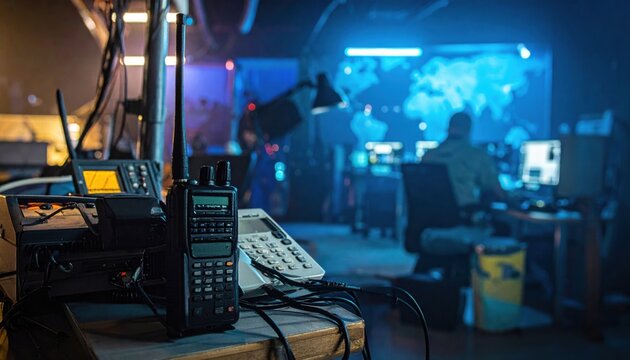 Crucial emergency communication devices, including shortwave radios and satellite phones, ready for rapid response in a dimly lit command center.