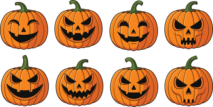 Halloween pumpkin jack o lantern faces collection spooky carved pumpkins cartoon vector illustration set for holiday