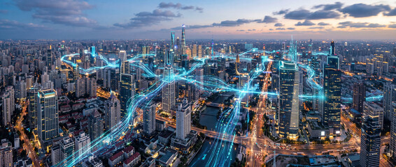 Fototapeta premium Aerial panorama of a modern metropolitan skyline at dusk with glowing digital data lines visualizing smart city connectivity and advanced communication networks.