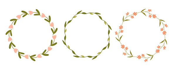 Hand drawn floral wreath set with delicate flowers and leaves. Cute botanical circle frames isolated on white background. Perfect for wedding invitation, logo, greeting card, and decorative design. © lesyau_art