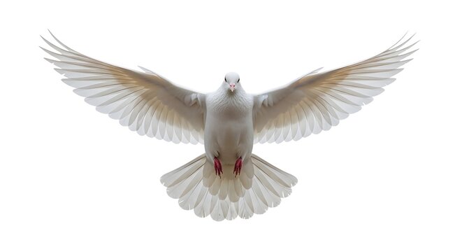White dove with outstretched wings flying against a white background bird
