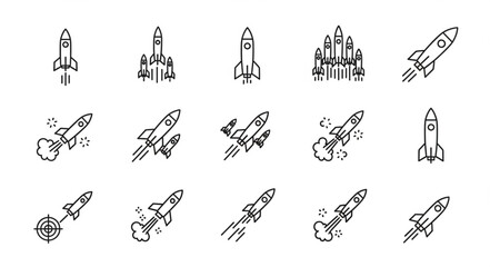 Collection of rocket ship icons in simple line art style. © emo