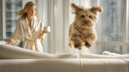 Adorable fluffy dog energetically leaps over a couch in a modern living room. A woman holding a cup is visible in the background, adding a lively and cozy atmosphere. Image made using Generative AI.