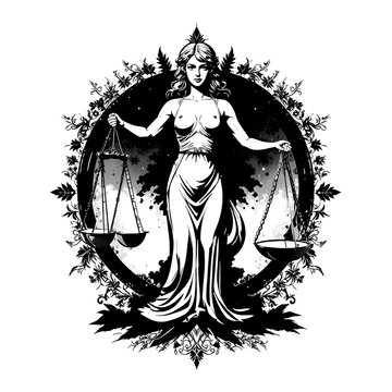 Symbolic black and white illustration presenting justice, balance, equity, truth and fairness with