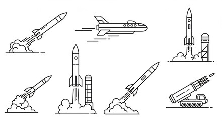 Collection of rockets and spacecraft launching into the sky. © emo