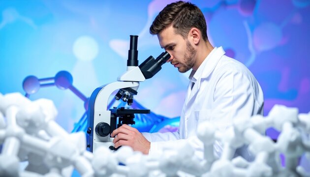 Focused male scientist carefully analyzing a sample of synthesized protein powder under a microscope in a bright, modern laboratory setting with molecular structures.